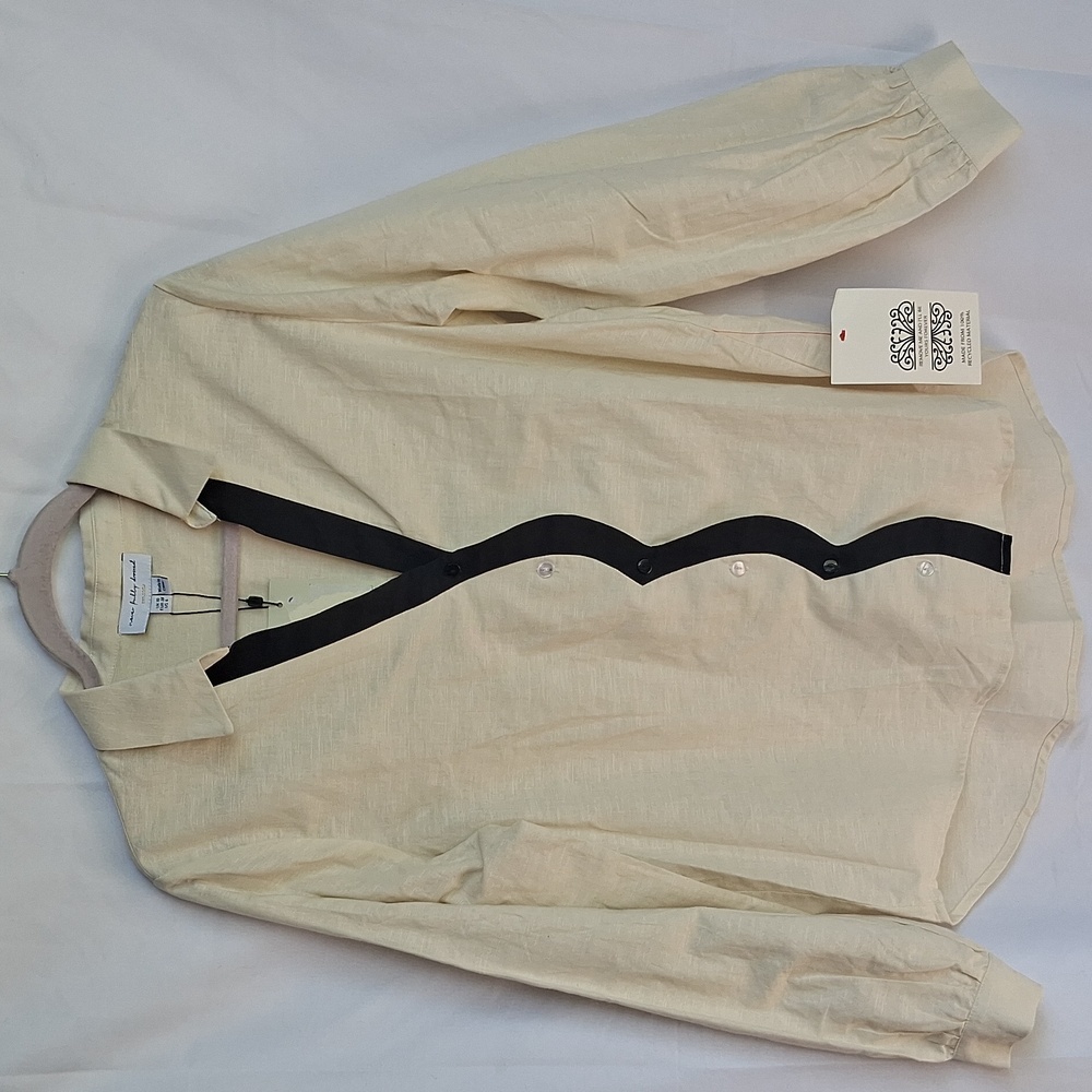 Never Fully Dressed Miley Scalloped Shirt Cotton Linen Blend Black Cream 6